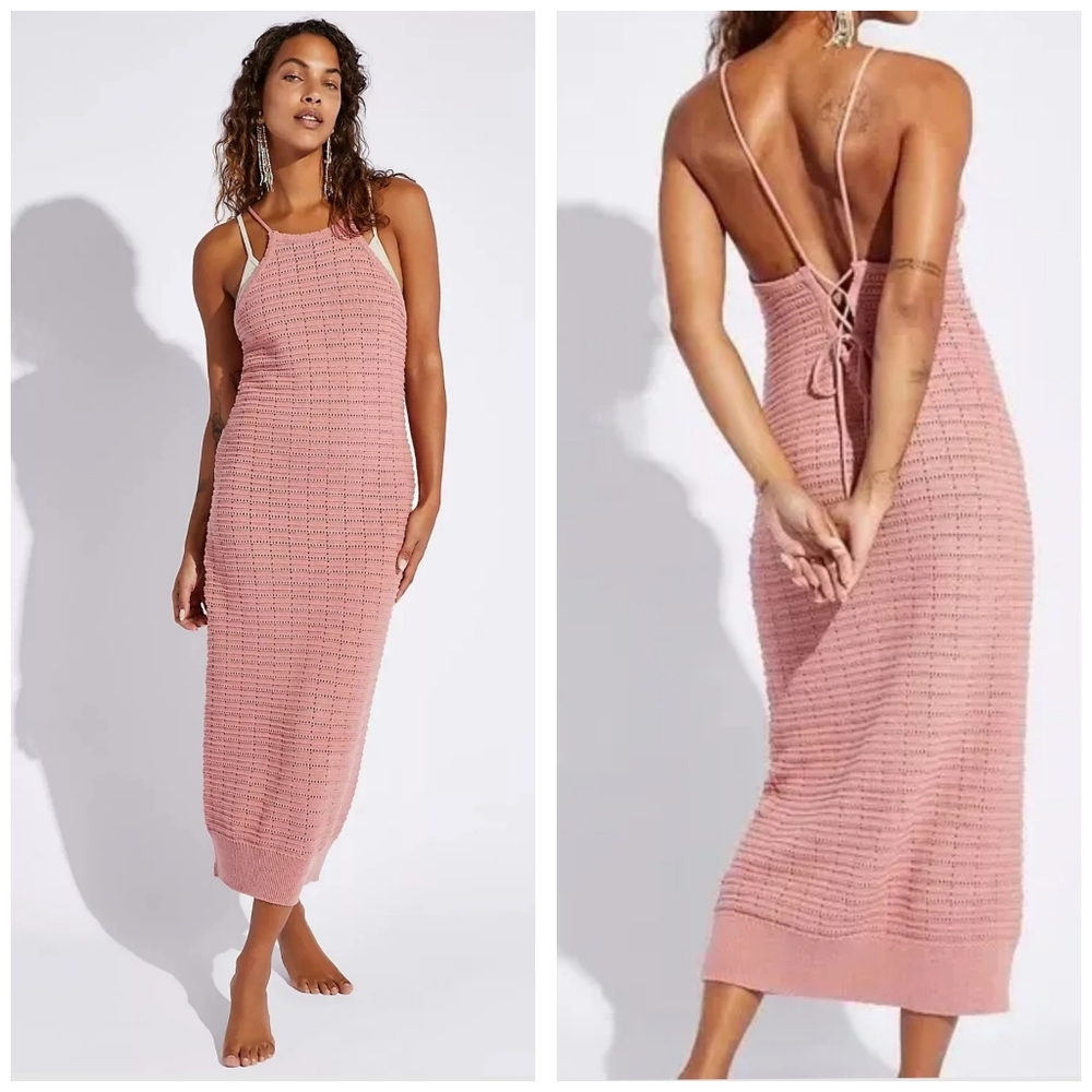 Free People Beach Mallorca Fauxchet Midi Slip Dress M Rose Pink